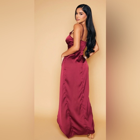 PRETTY LITTLE THING ~ Burgundy Satin Wrap-Detail Maxi Dress ~ Front Slit ~ Sz 8 - Picture 5 of 6